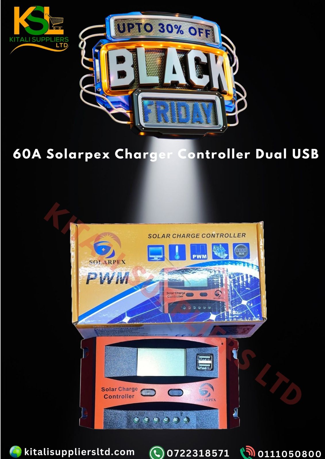 Solarpex 60A Solar Charge Controller – 12V/24V Auto, LCD Display, Dual USB, Intelligent PWM Solar Regulator