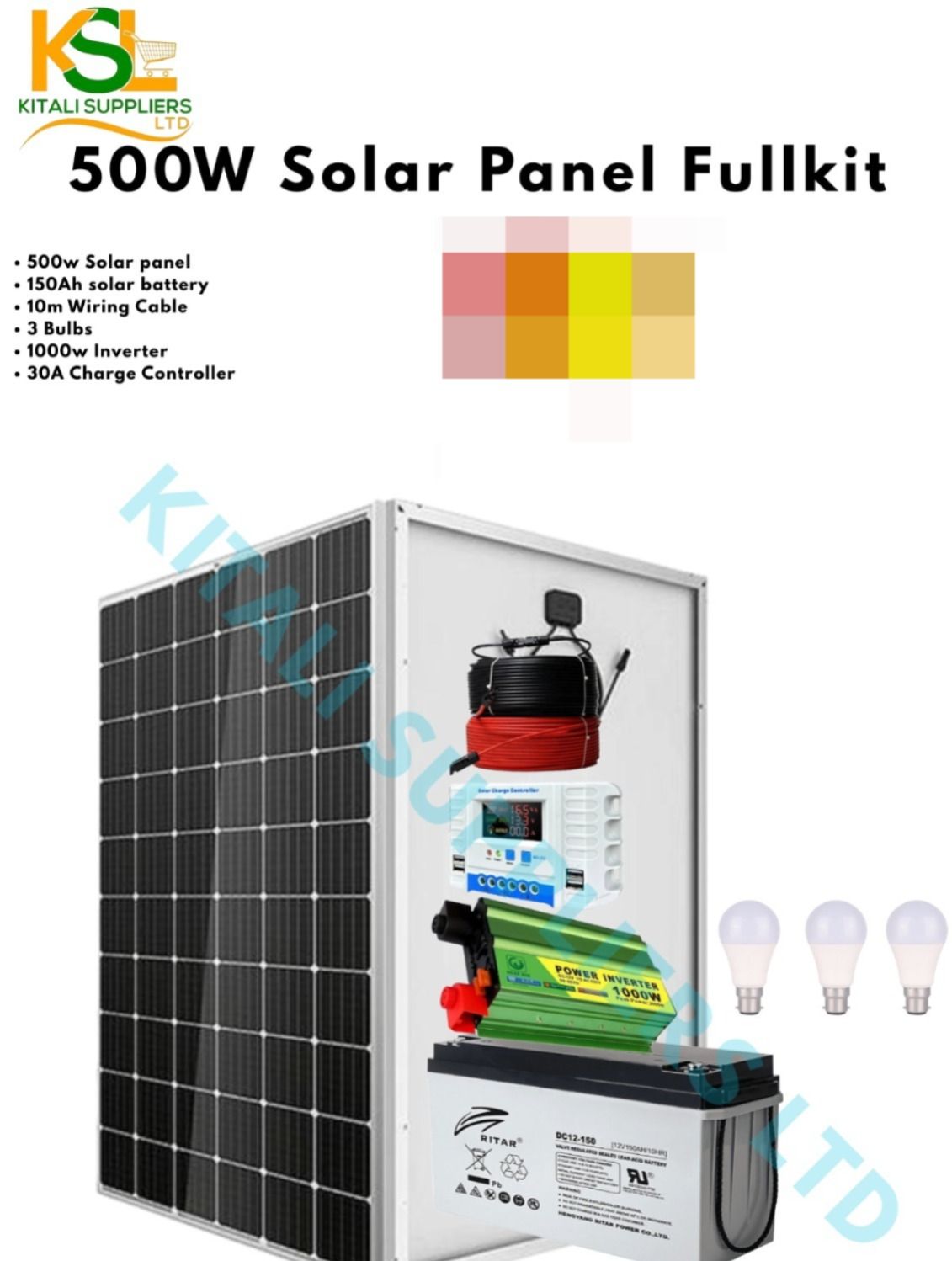 500W Solar Power Kit – 150Ah Ritar Battery, 1000W Inverter, Controller, Bulbs & Cables