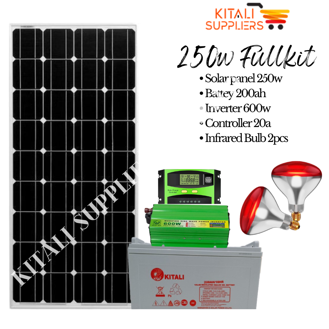 250w  solar fullkit, 250w solar panel  200ha battery 600w solarmax inverter 20amps Digital controller 2pc  250w  chicken bulbs