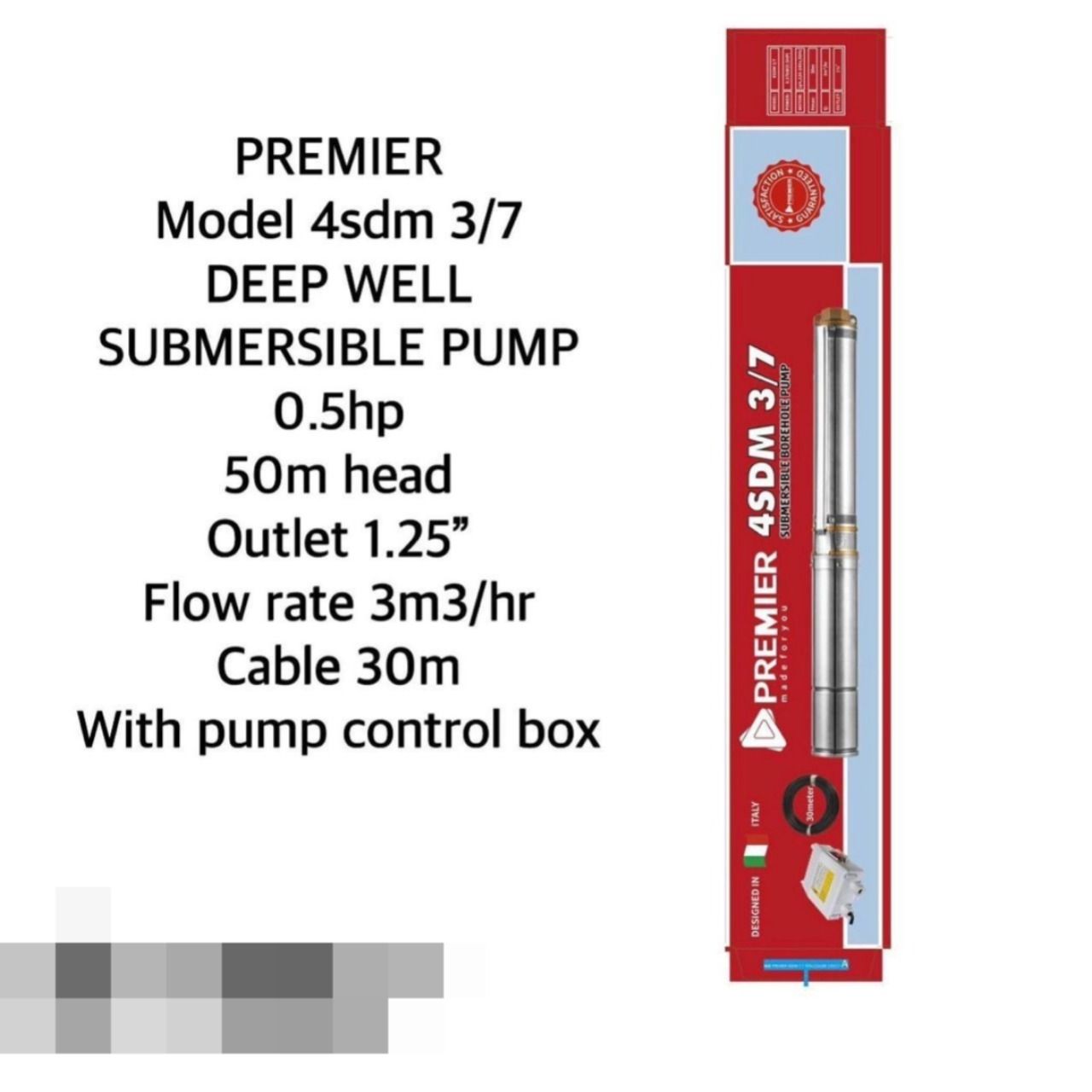Premier 0.5HP Deep Well Submersible Pump – 50m Head, 3m³/hr, with Control Box