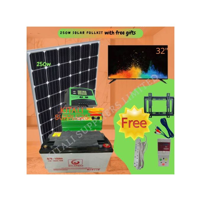 Solarmax 250W Solar Fullkit + 32 Inch Tv , 250w solar panel 600w  inverter 20amps controller , wall bracket tv guard , extension, Audio cable