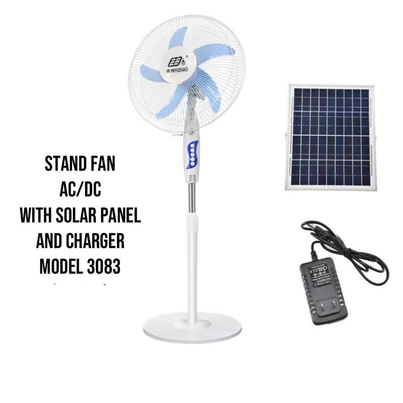 AC/DC Solar Stand Fan with Solar Panel & Charger – Rechargeable, Energy Saving Cooling Fan