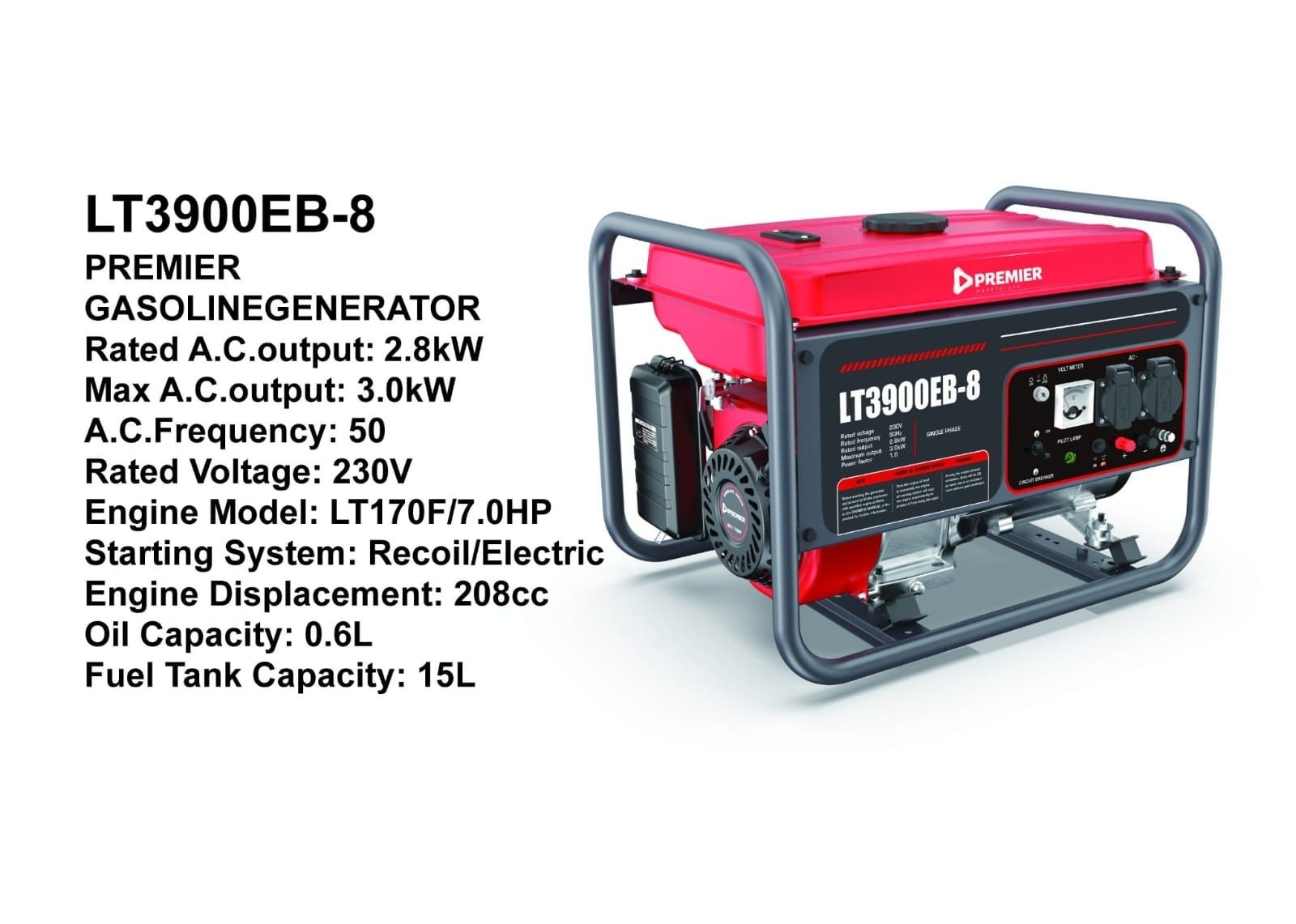 Premier LT3900EB-8 3.0KW Petrol Generator | Electric Start Backup Power Generator