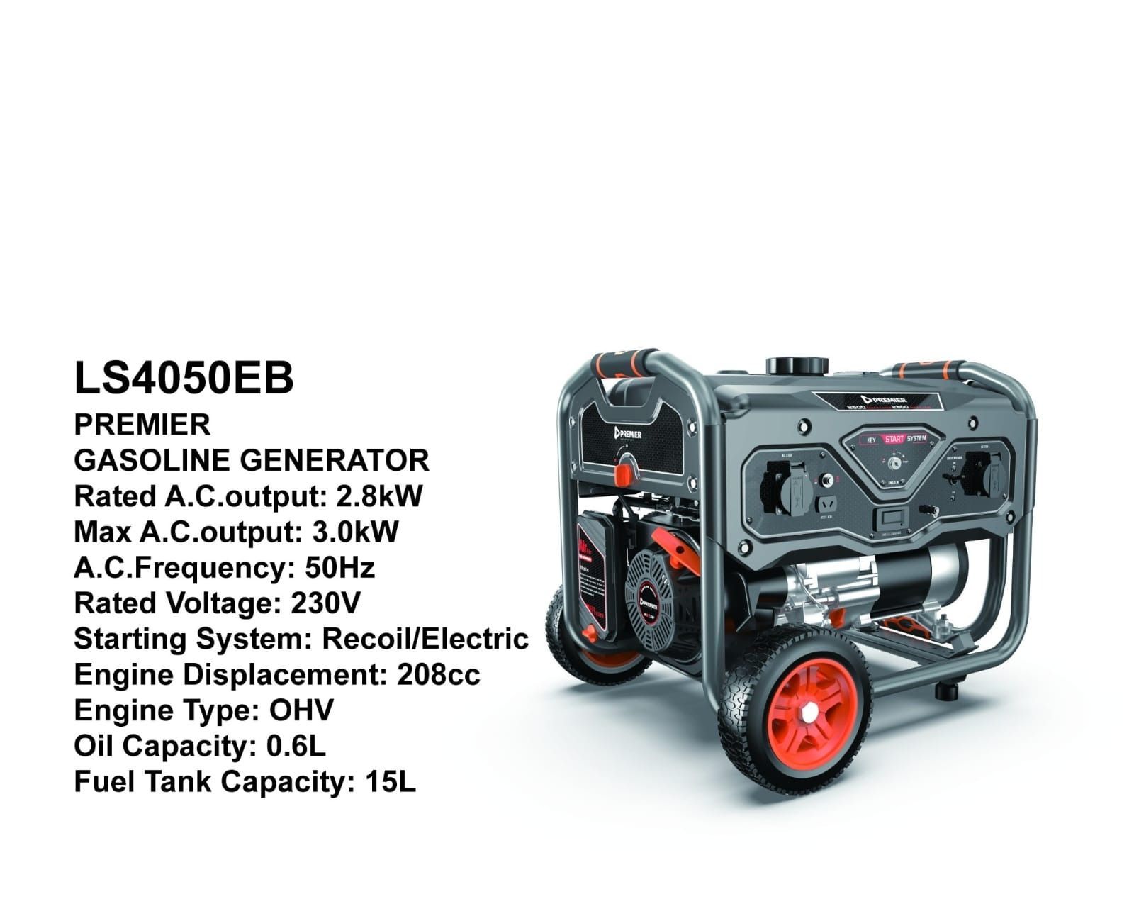 Premier LT4050EB-8 Petrol Generator – 2.8KW Rated / 3.0KW Max AC Output Electric Start Portable Generator for Home & Business