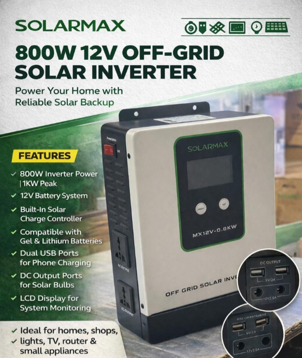 Solarmax 0.8KW Hybrid Solar Inverter – Pure Sine Wave, Built-in Charger, Solar & AC Support