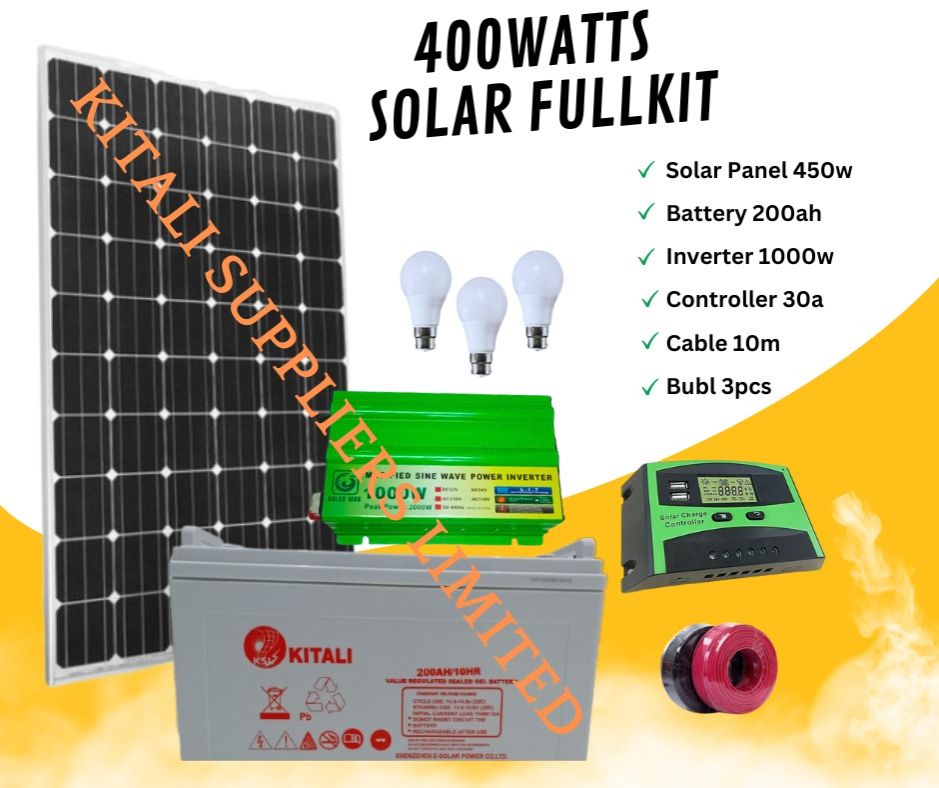 400w solar panel   200ah solar battery   1000w inverter 30amps controller  3pc bulbs 10m cable