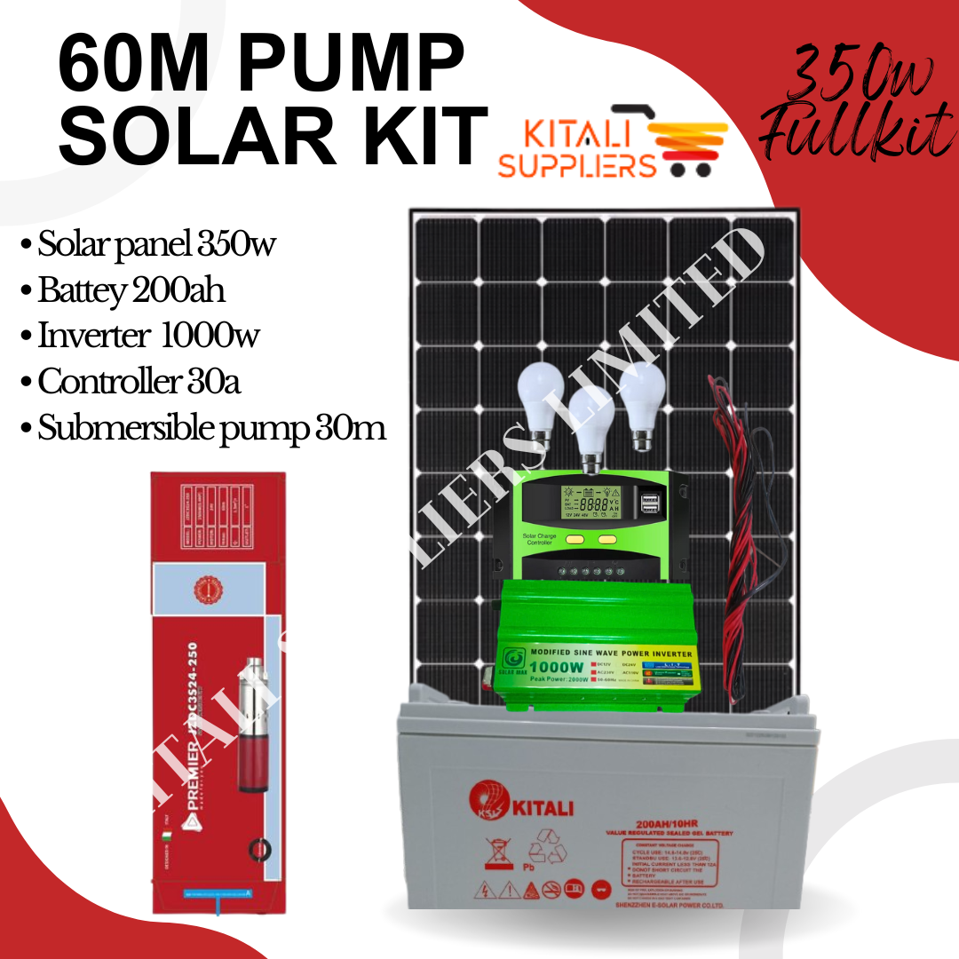350w  solar fullkit , 350w Kitali panel 200ah battery 1000w inverter powerful,  30amps controller, 60m  premier pump 250w power 24v