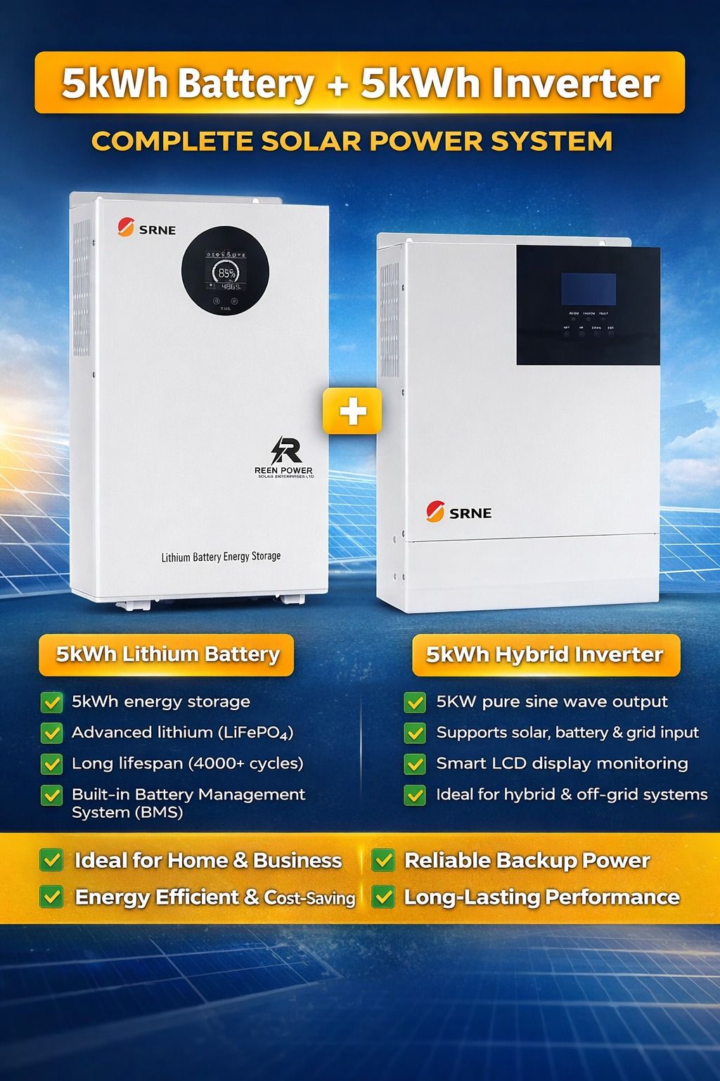 SRNE 5kWh Lithium Battery + 5kW Hybrid Inverter Complete Solar Power System (LiFePO4)