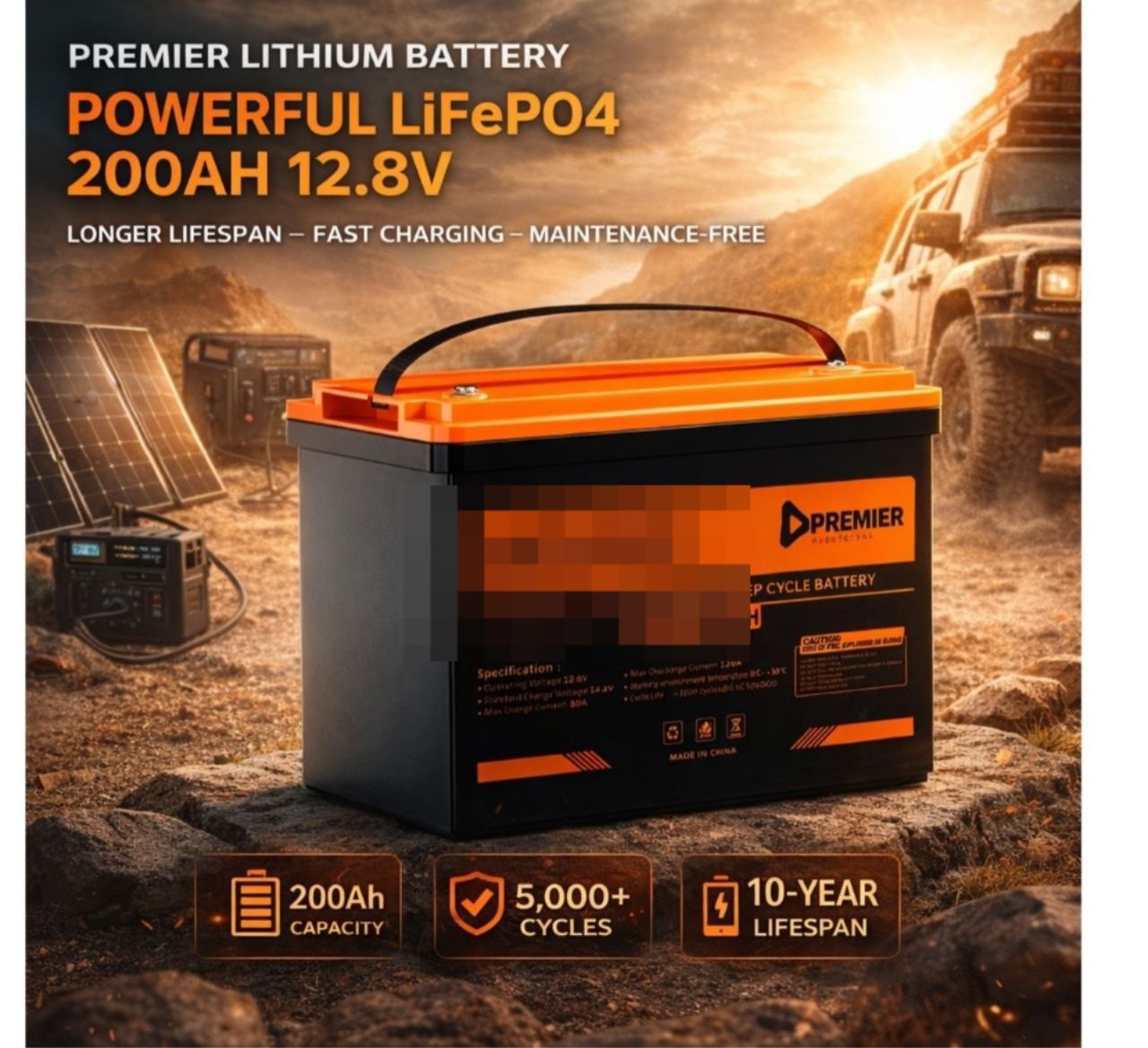 Premier 200Ah 12.8V LiFePO4 Lithium Battery – High Capacity Solar & Backup Power Solution