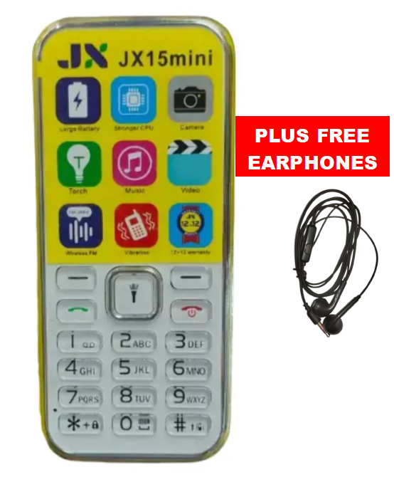 JX 15Mini Wireless Fm Torch Camera  Kabambe / Katululu / Mulika Mwizi / Jx 15 Mini Feature Phone One Year Warranty Vibration Dual Two Sim Card Screen Display 1.44 Inches PLUS FREE WIRED EARPHONES
