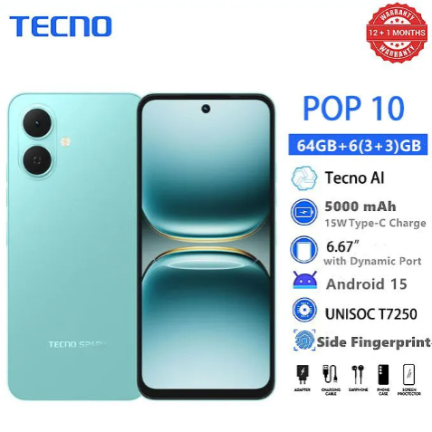Brand New TECNO POP 10 64GB + 6(3+3)GB 4G Network 6.67" 120Hz Hole Screen Dual Speakers IP64 Waterproof 13MP 5000mAh 15W Type-C Android 15 Dual SIM Phone Side Fingerprint Unlock phones