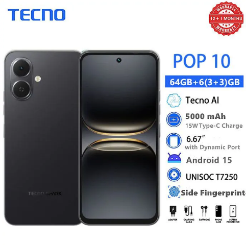 Brand New TECNO POP 10 64GB + 6(3+3)GB 4G Network 6.67" 120Hz Hole Screen Dual Speakers IP64 Waterproof 13MP 5000mAh 15W Type-C Android 15 Dual SIM Phone Side Fingerprint Unlock phones