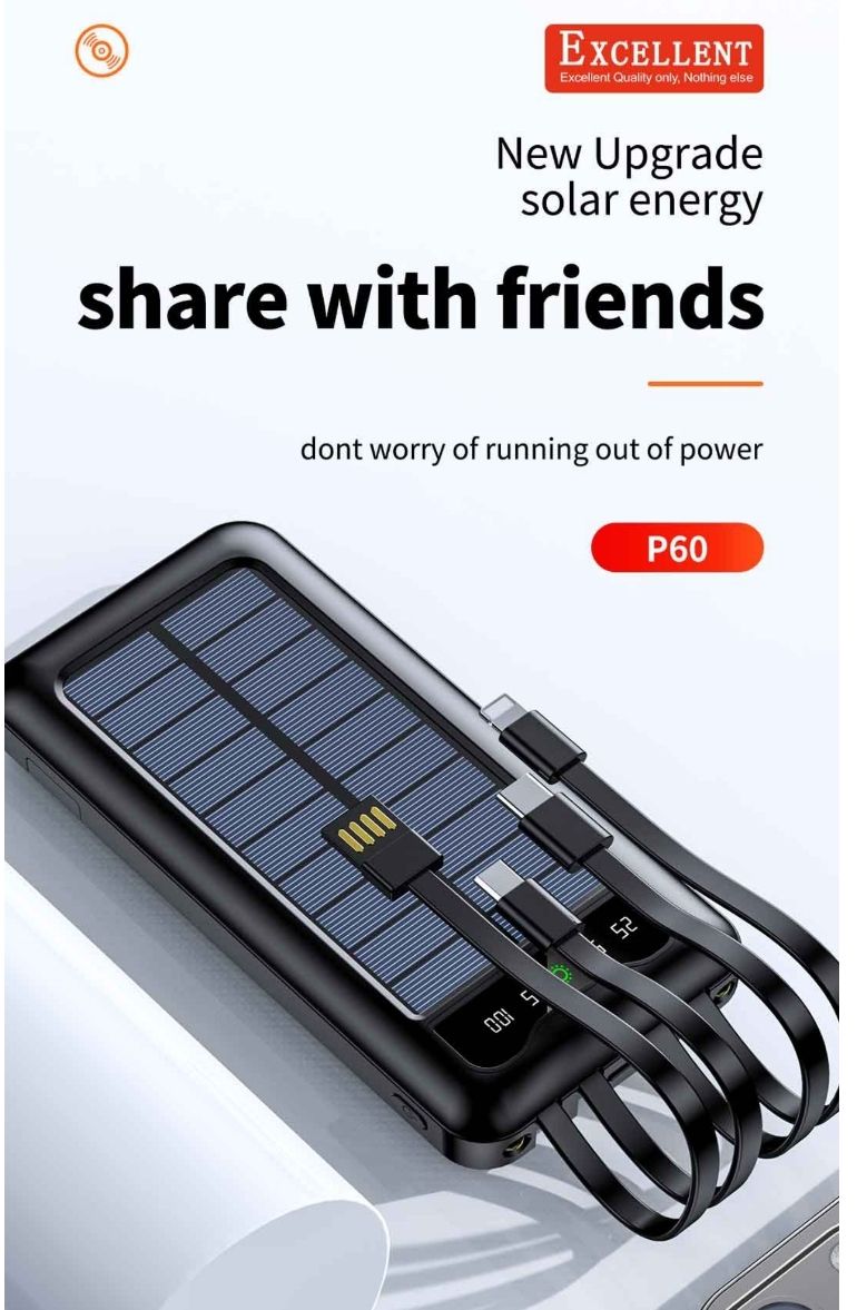 EXCELLENT P60 SOLAR POWER BANK  12,000 mAh  Solar charge + USB cable + micro port