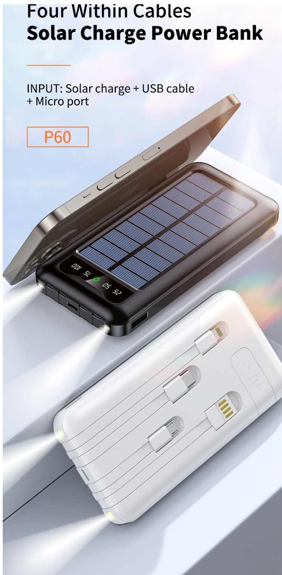 EXCELLENT P60 SOLAR POWER BANK  12,000 mAh  Solar charge + USB cable + micro port