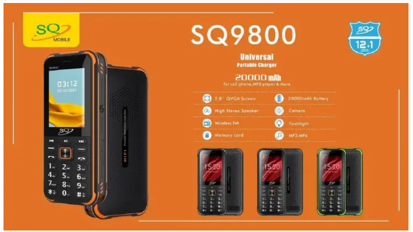 SQ Mobile SQ 9800 Rugged Phone 20,000mAh Dual SIM Powerful Bluetooth Speaker Power Bank Magic Voice VGA Camera LED Flashlight FM Radio Featured Phones SQ9800