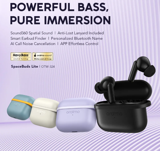 [BLACK FRIDAY OFFER!] ORAIMO SPACEBUD LITE OTW-324 Up To 40hrs Long Playtime New lite series OTW - 324 pods with sound 360 spatial audio & anti lost Lanyard Heavy Bass Input: Type-C & Bluetooth