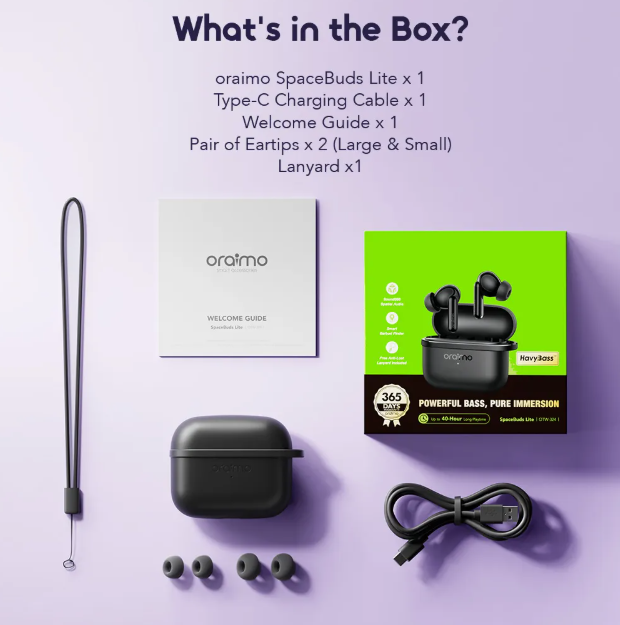 [BLACK FRIDAY OFFER!] ORAIMO SPACEBUD LITE OTW-324 Up To 40hrs Long Playtime New lite series OTW - 324 pods with sound 360 spatial audio & anti lost Lanyard Heavy Bass Input: Type-C & Bluetooth