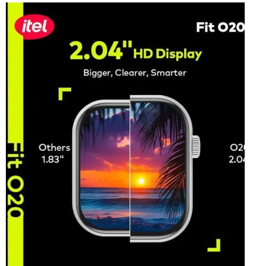 Itel Smart Watch Fit O20 – 2.04" HD Display, IP68 Waterproof, AI-Powered Watch Faces, BT 5.3, Extra Strap, Smartwatches