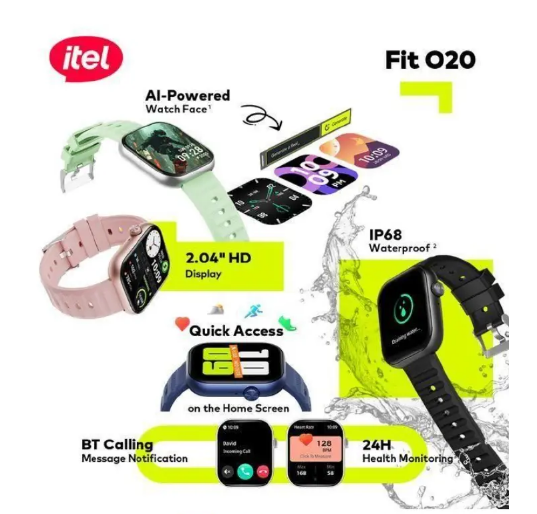 Itel Smart Watch Fit O20 – 2.04" HD Display, IP68 Waterproof, AI-Powered Watch Faces, BT 5.3, Extra Strap, Smartwatches