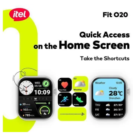 Itel Smart Watch Fit O20 – 2.04" HD Display, IP68 Waterproof, AI-Powered Watch Faces, BT 5.3, Extra Strap, Smartwatches