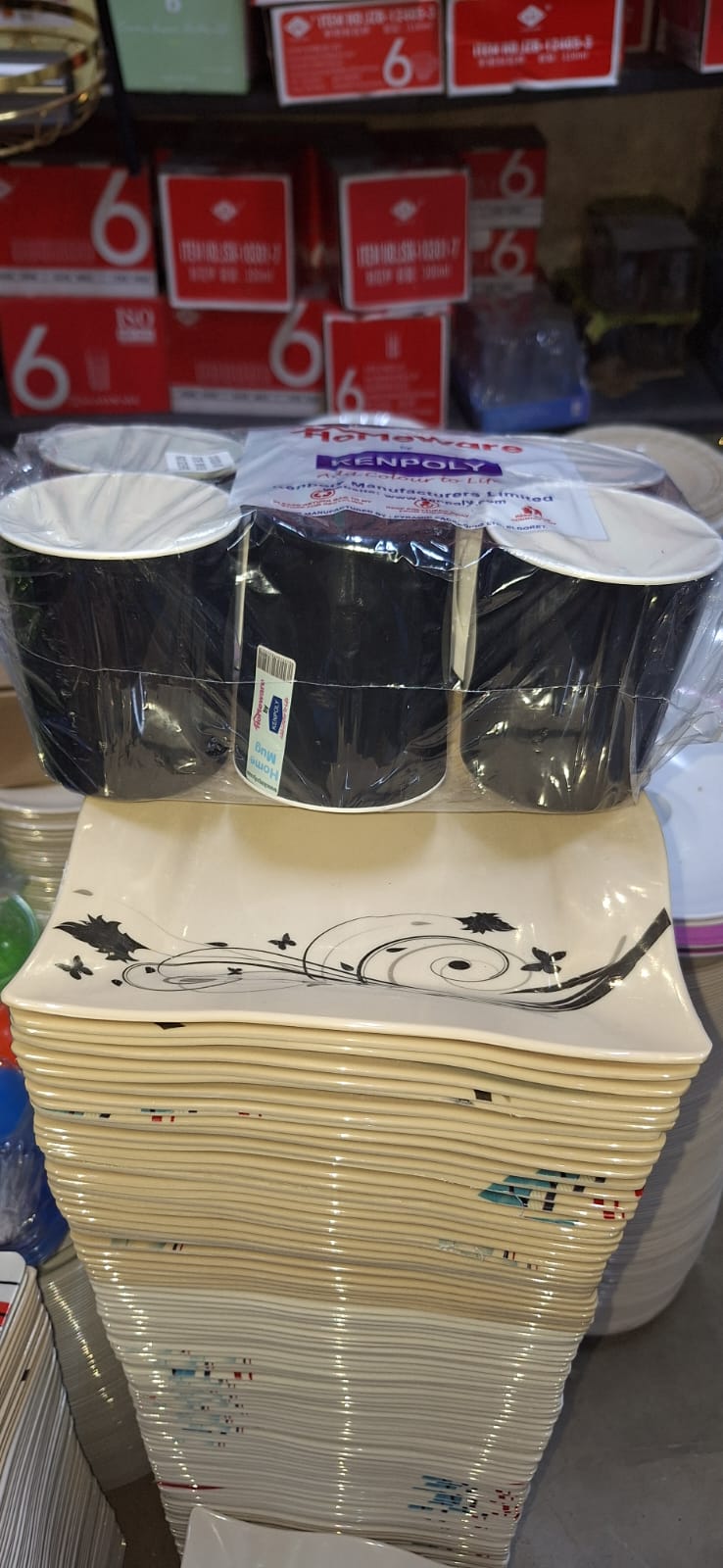 PLATES + MUGS SET. 6 pieces mugs and 6 pieces square melamine plates. Attractive, Extra Strong, Light and portable