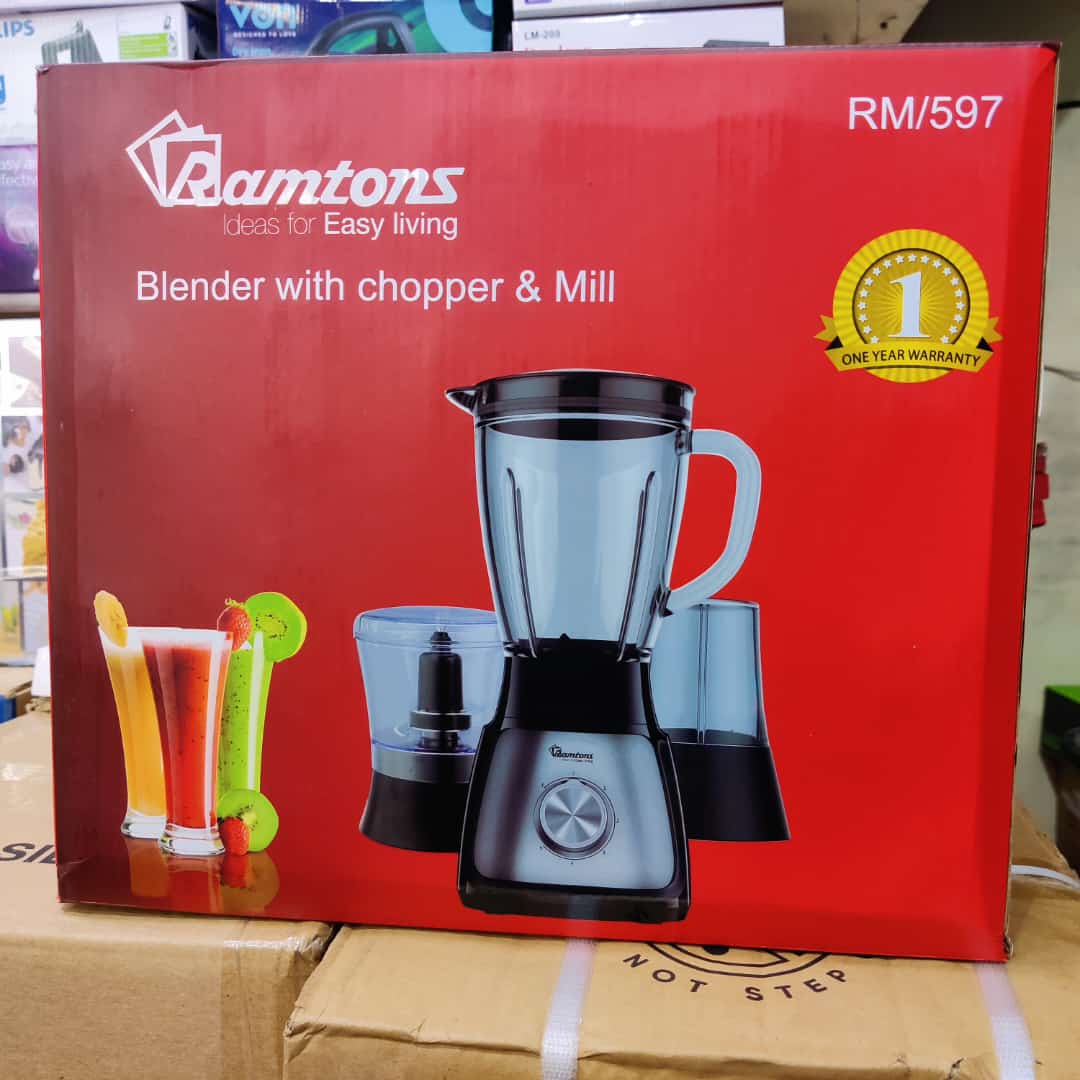 BLENDER. Ramtons 3in1 Blender, Chopper and Grinder Stainless steel body. Stainless steel micro mesh filter basket, Built in safety system, Safety locking arm