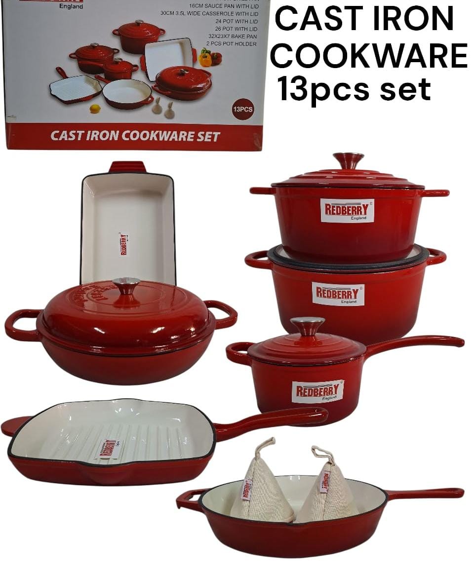 COOKWARE SET. Redberry 13pcs cast iron cookware set with enamel coating for easy cleaning and rust protection, Retains and distributes heat evenly for consistent cooking, Multi-Use Versatility.