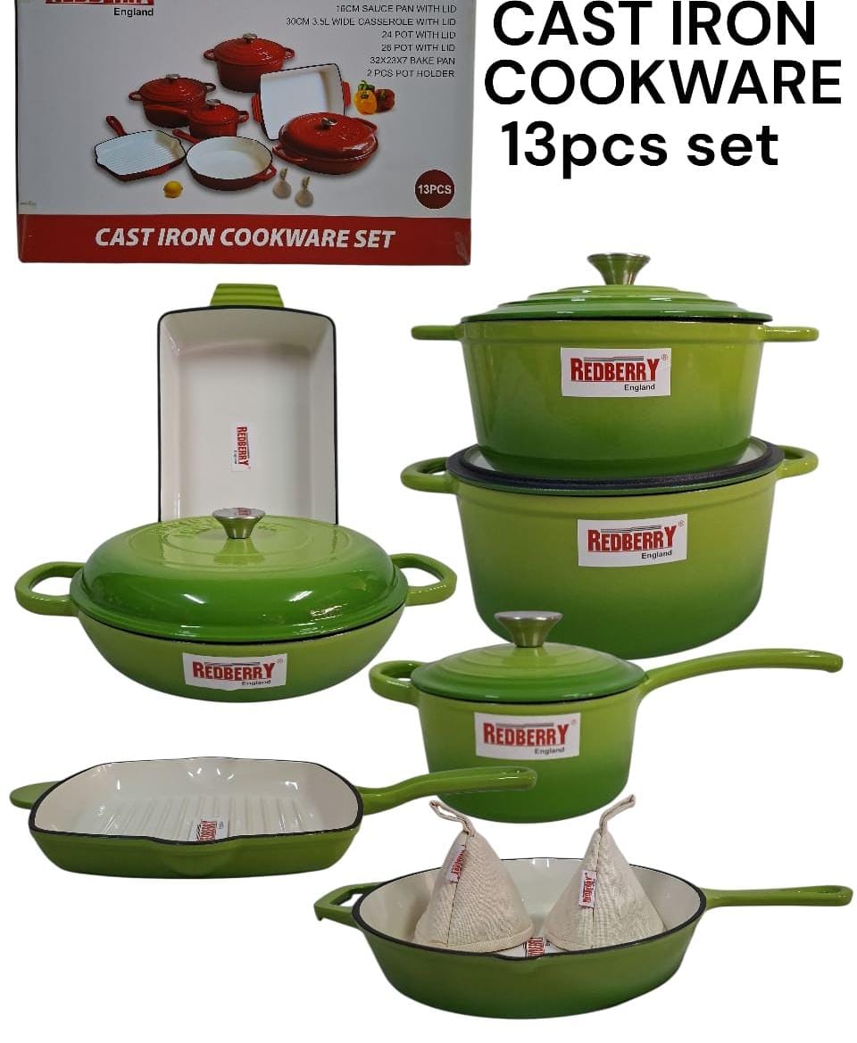 COOKWARE SET. Redberry 13pcs cast iron cookware set with enamel coating for easy cleaning and rust protection, Retains and distributes heat evenly for consistent cooking, Multi-Use Versatility.