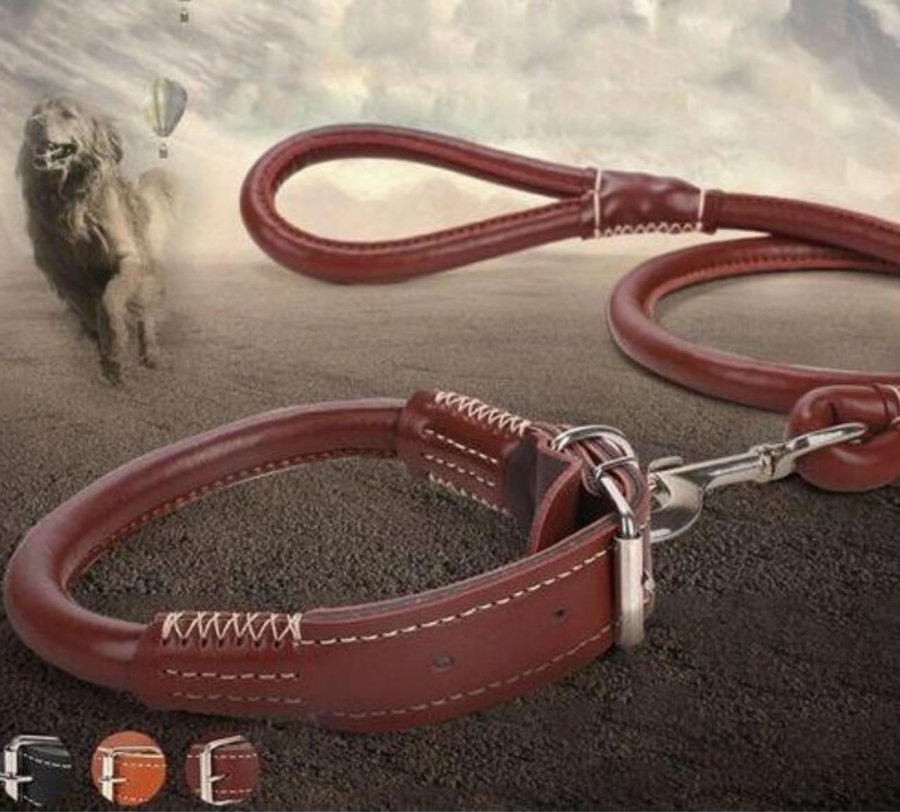 Easy Grip Rolled Up Leather Dog Collar and Leash - Available in Black and Brown, Made of PU Leather, Adjustable Collar, Prevents Tangling of Hair Under Collar