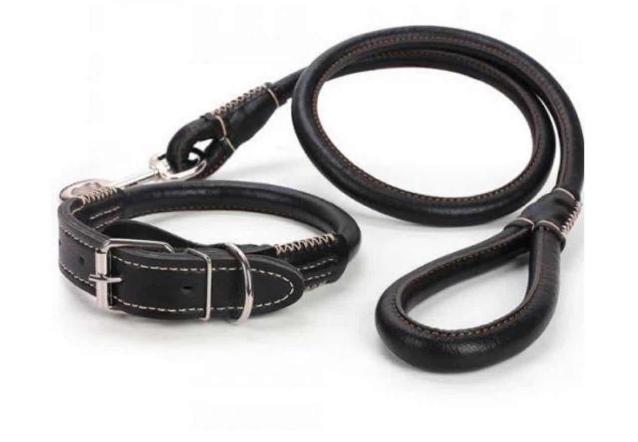 Easy Grip Rolled Up Leather Dog Collar and Leash - Available in Black and Brown, Made of PU Leather, Adjustable Collar, Prevents Tangling of Hair Under Collar