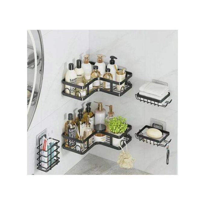 NEW ARRIVAL HIGH QUALITY Multipurpose 5-Piece Set Rectangular and Corner Shower Caddy Shelf – 5-in-1 Bathroom Shelves Wall Organizer – Rustproof, No Drilling, Strong Adhesive Load Capacity for Smooth