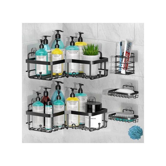NEW ARRIVAL HIGH QUALITY Multipurpose 5-Piece Set Rectangular and Corner Shower Caddy Shelf – 5-in-1 Bathroom Shelves Wall Organizer – Rustproof, No Drilling, Strong Adhesive Load Capacity for Smooth