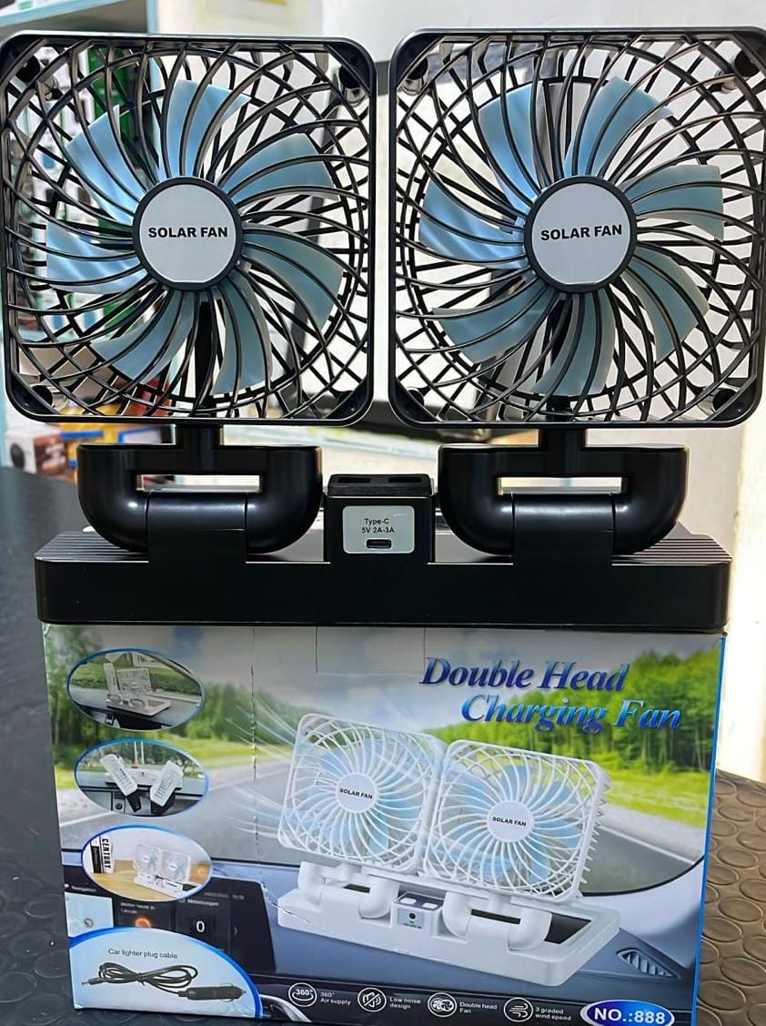 🌞🚗 NEW ARRIVAL – Car/Tabletop Double Head Super Cooling Rechargeable Fan with Type-C Port & Solar Panel, Portable Dual-Head USB Desk Fan for Home, Office, Travel & Outdoor Use 💨🔋