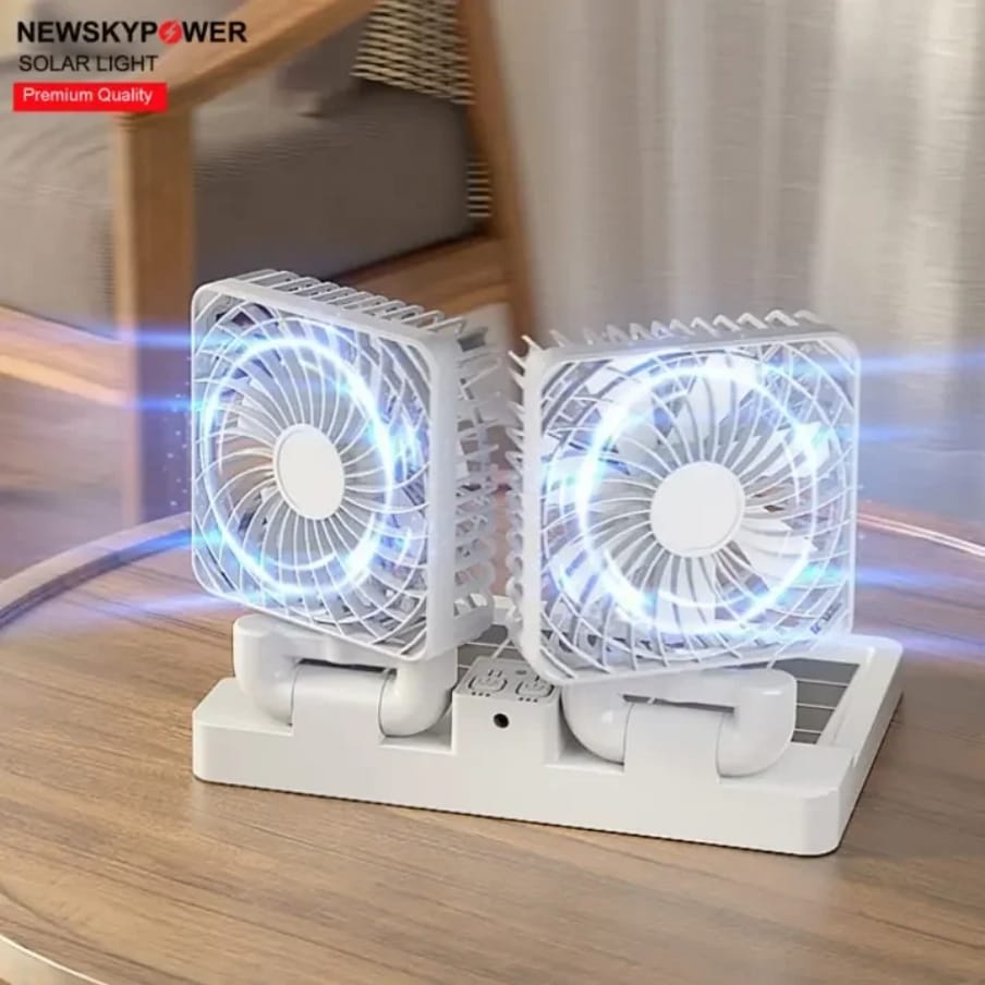 🌞🚗 NEW ARRIVAL – Car/Tabletop Double Head Super Cooling Rechargeable Fan with Type-C Port & Solar Panel, Portable Dual-Head USB Desk Fan for Home, Office, Travel & Outdoor Use 💨🔋