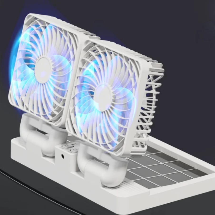 🌞🚗 NEW ARRIVAL – Car/Tabletop Double Head Super Cooling Rechargeable Fan with Type-C Port & Solar Panel, Portable Dual-Head USB Desk Fan for Home, Office, Travel & Outdoor Use 💨🔋
