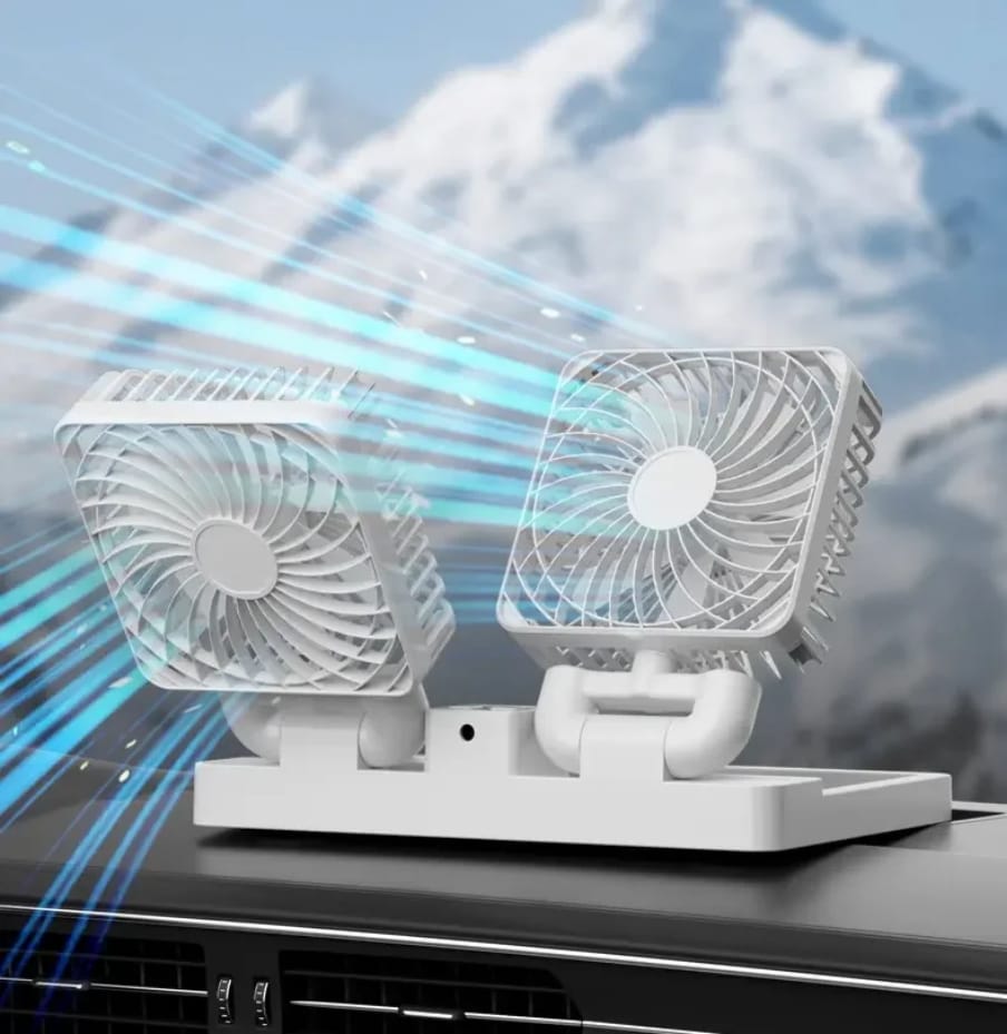 🌞🚗 NEW ARRIVAL – Car/Tabletop Double Head Super Cooling Rechargeable Fan with Type-C Port & Solar Panel, Portable Dual-Head USB Desk Fan for Home, Office, Travel & Outdoor Use 💨🔋