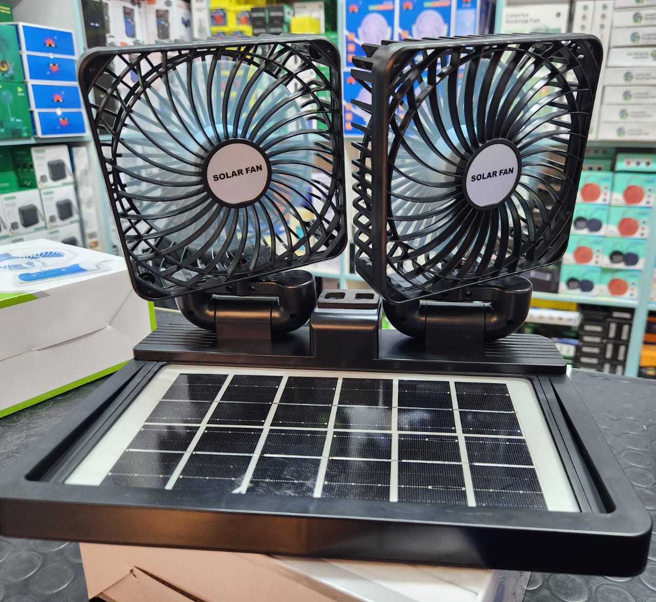 🌞🚗 NEW ARRIVAL – Car/Tabletop Double Head Super Cooling Rechargeable Fan with Type-C Port & Solar Panel, Portable Dual-Head USB Desk Fan for Home, Office, Travel & Outdoor Use 💨🔋