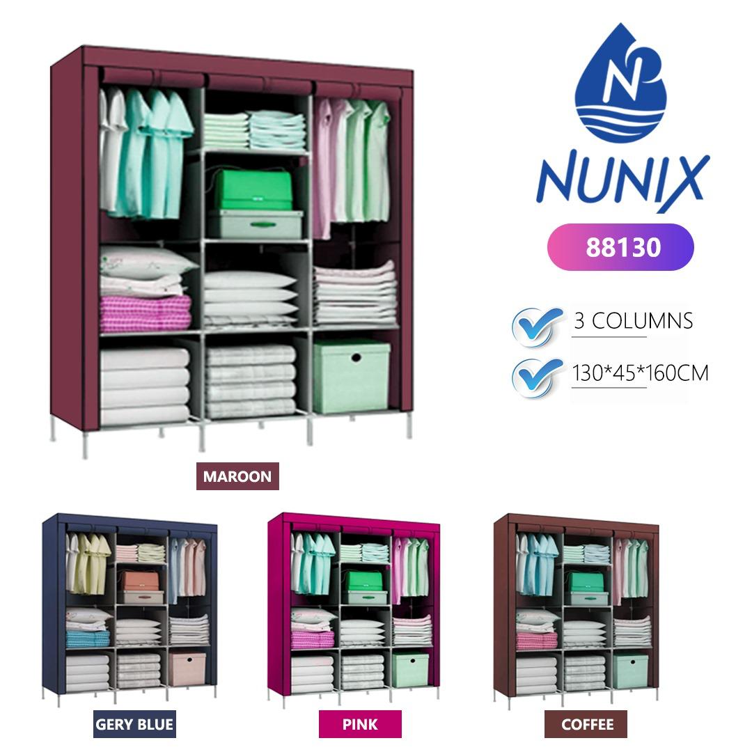 3 Columns Wardrobe – Spacious Multi-Section Storage Closet with Hanging Rods & Shelves, Available in Wood, Metal & Portable Fabric Options for Bedroom Organization
