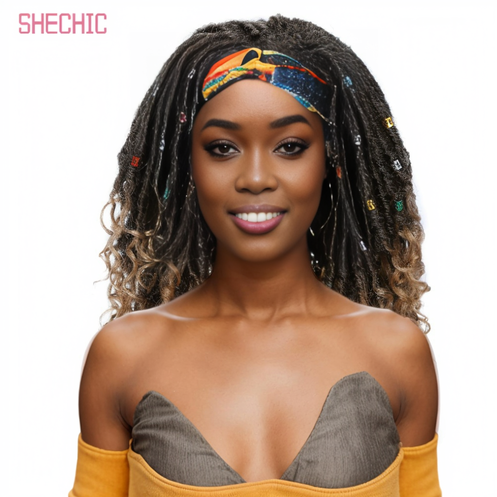 SHECHIC Ready-to-Wear Short Faux Locs Wig for African Women | Synthetic Crochet Braided Wig with Curly Ends | Easy Install Headband Wig