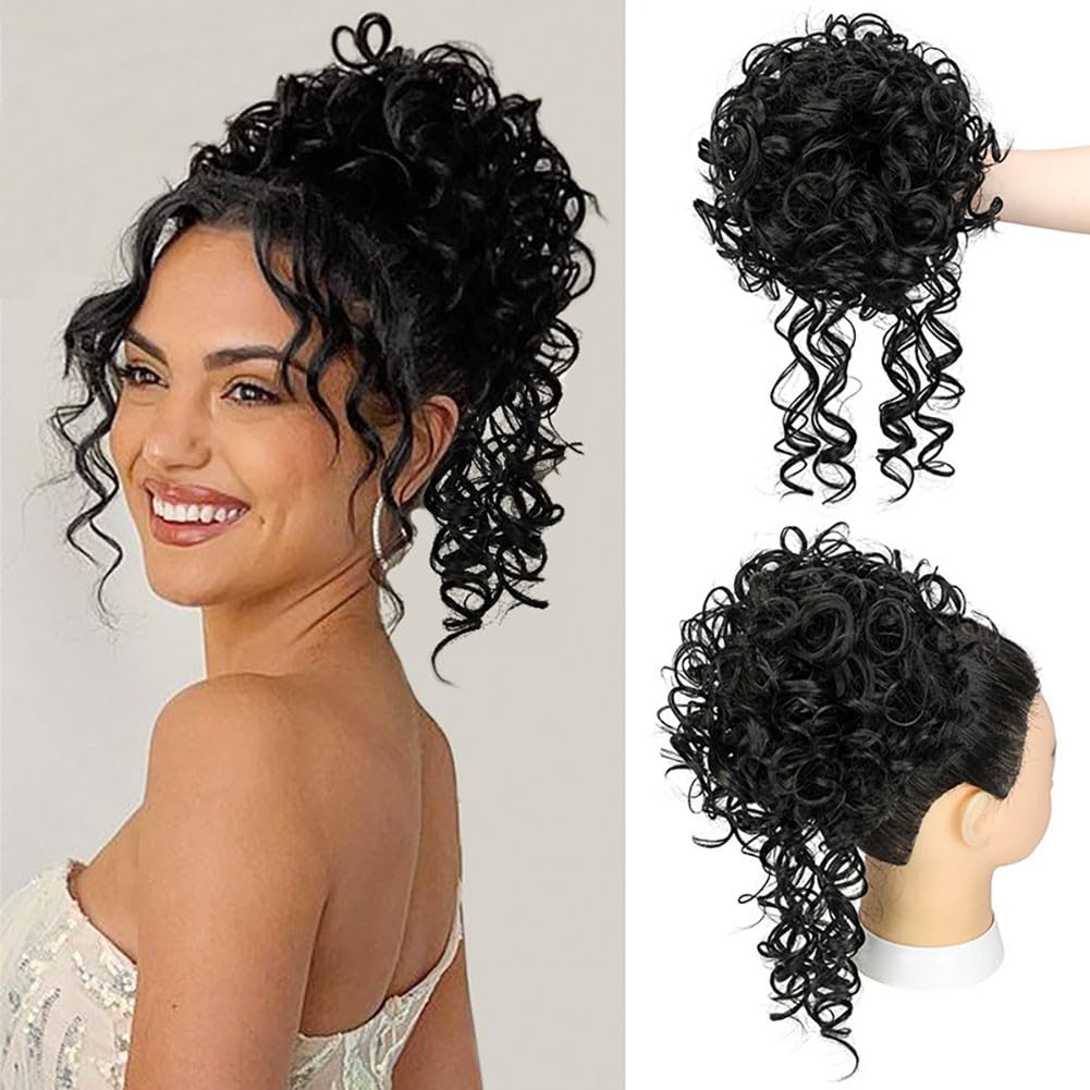 Shechic Messy Bun Hair Piece for Women, Curly Messy Buns, Elastic Drawstring Hair Bun, Large Curly Bun Short Synthetic Ponytail Extension, Hair Bun Hair Extensions for Women Girls (Natural Black)