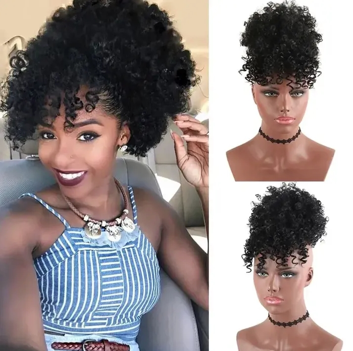 High Puff Afro Kinky Curly Synthetic Ponytail with Bangs Ponytail Hair Extension Drawstring Wigs