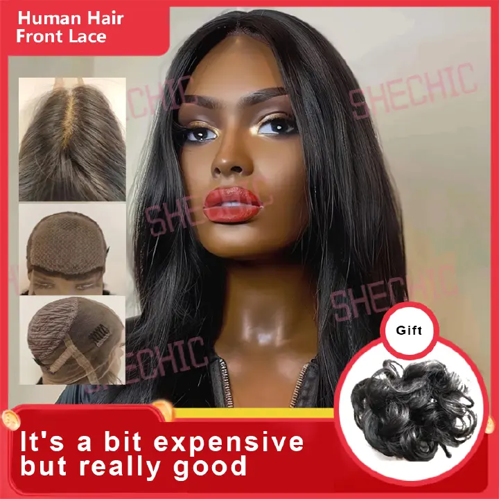 1/2 Lace Frontal Human Hair Wig Natural black 22 Inch Curly Pixie Wig