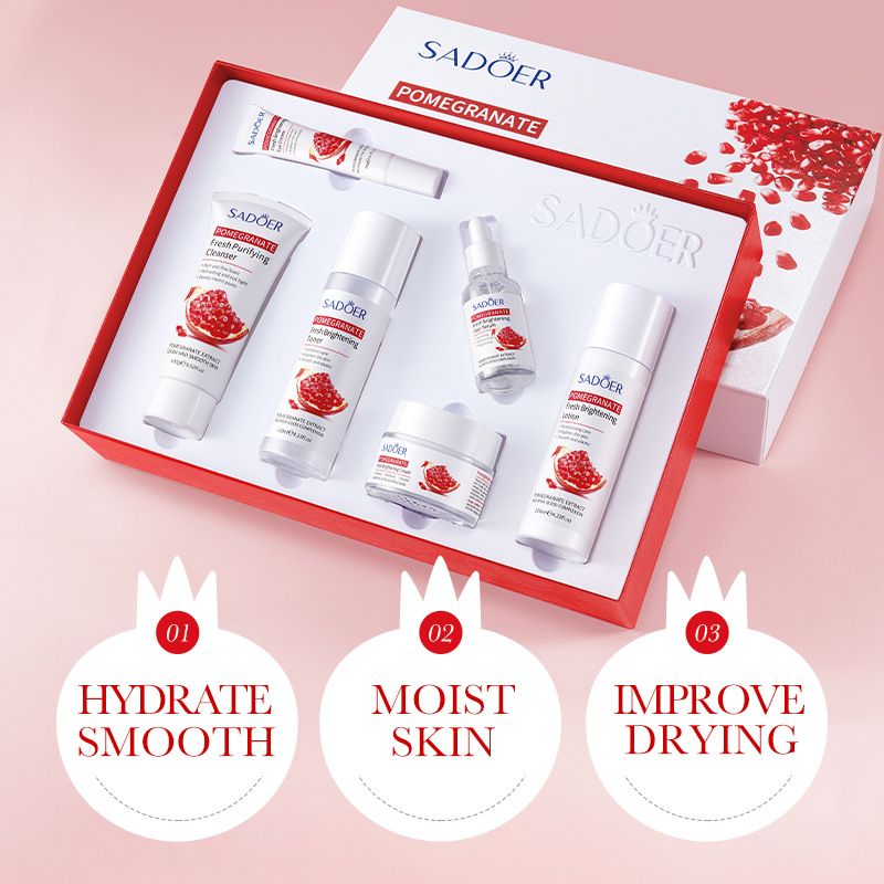Skin Care Set 6 pcs Pomegranate Facial Cleanser+Facial Toner+Eye Cream+Facial Essence+Pomegranate Moisturizing Cream+Face Cream Gift Set