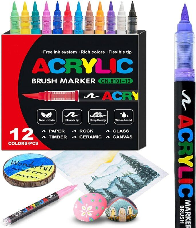 12 Pack Black Acrylic Paint Pens Soft Brush Tip - Waterproof Multi-Surface Markers for Wood, Rock, Fabric, Ceramic, Glass, DIY Crafts & School Art Projects in Kenya