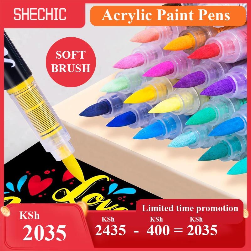 24 Pack  Acrylic Paint  Pens Soft Brush Tip - Water proof Multi-Surface Markers for Wood, Paint Markers,Rock, Fabric, Ceramic, Glass, DIY Crafts & School Art Projects in Kenya,School Supplies