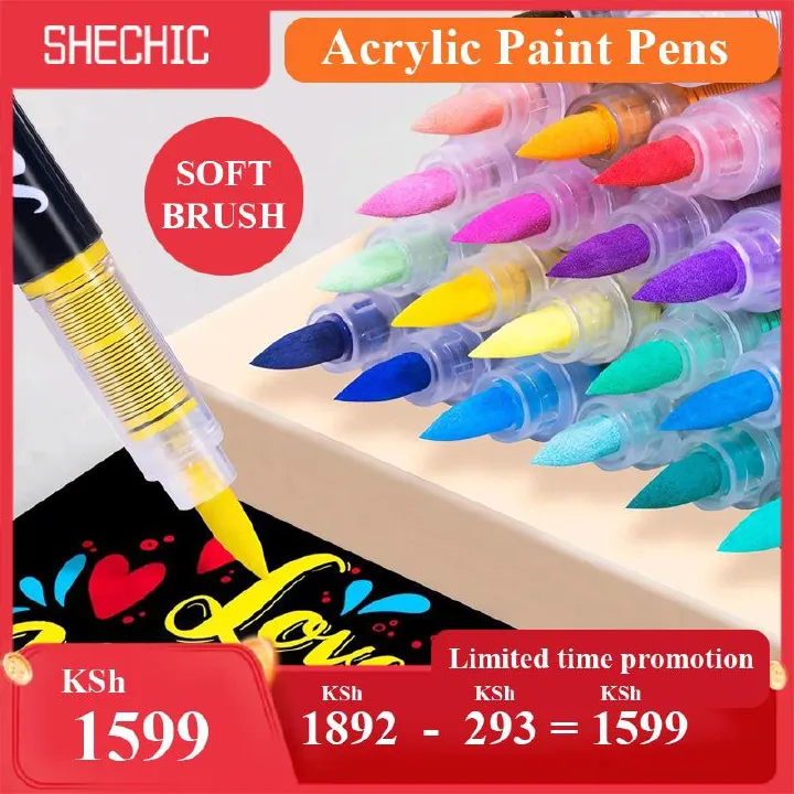 12 Pack Black Acrylic Paint Pens Soft Brush Tip - Waterproof Multi-Surface Markers for Wood, Rock, Fabric, Ceramic, Glass, DIY Crafts & School Art Projects in Kenya