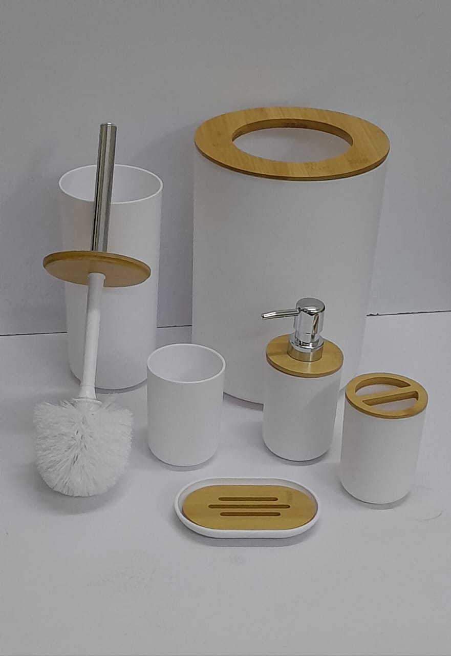 ❇️ BATHROOM ACCESSORIES SET
❇️ RECTANGULAR and ROUND IN SHAPE
⏯️6 in 1 Bamboo set includes {Toothbrush holder, Soap dispenser, Toilet brush, Trash can....}
WHITE, BLACK available