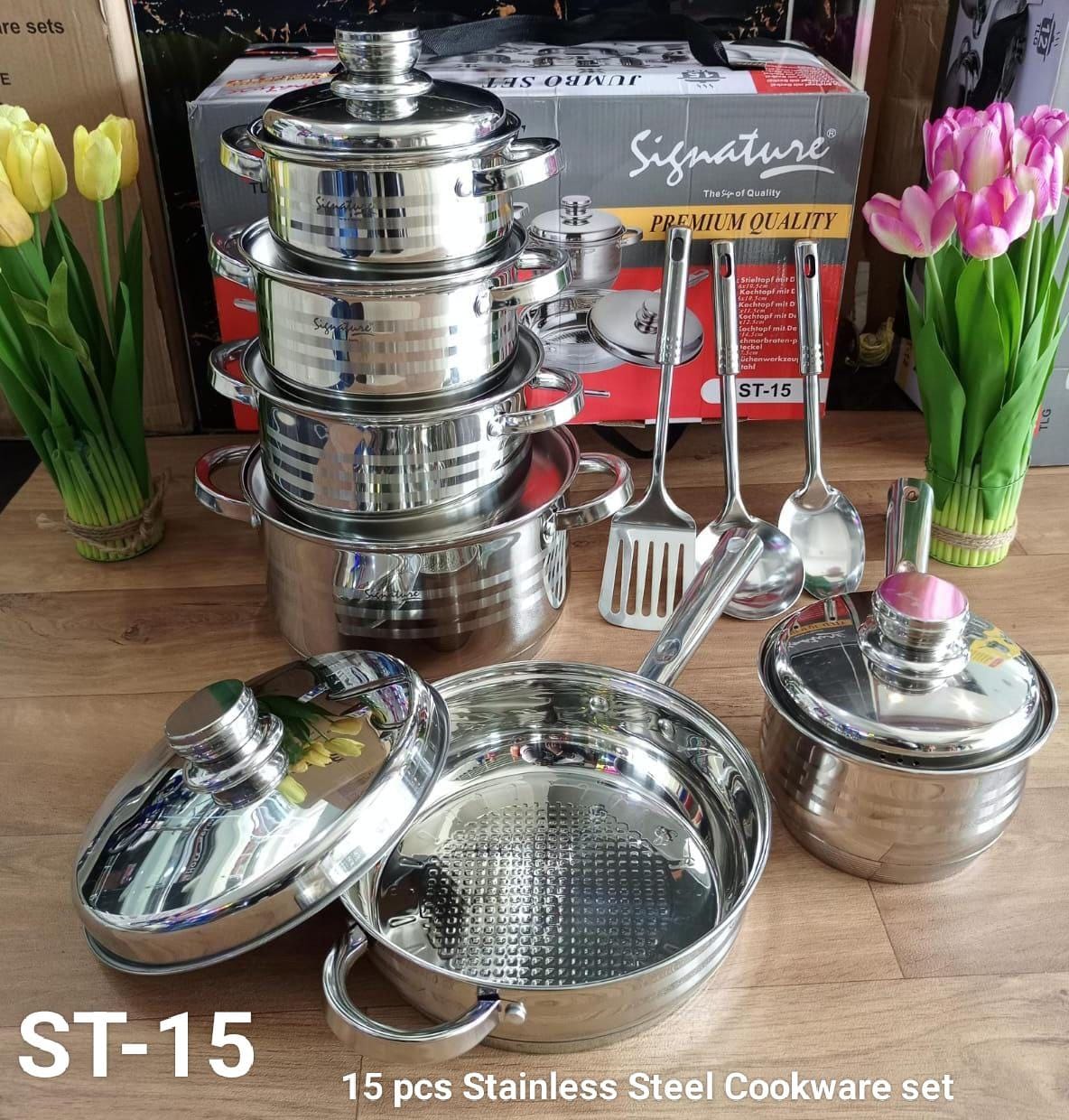 [ COOK TO PERFECTION 🤩🤩✨ !!! ]  15 pcs Brand New Classy High Quality KItchen Signature Induction Base Stainless Steel Cookware set