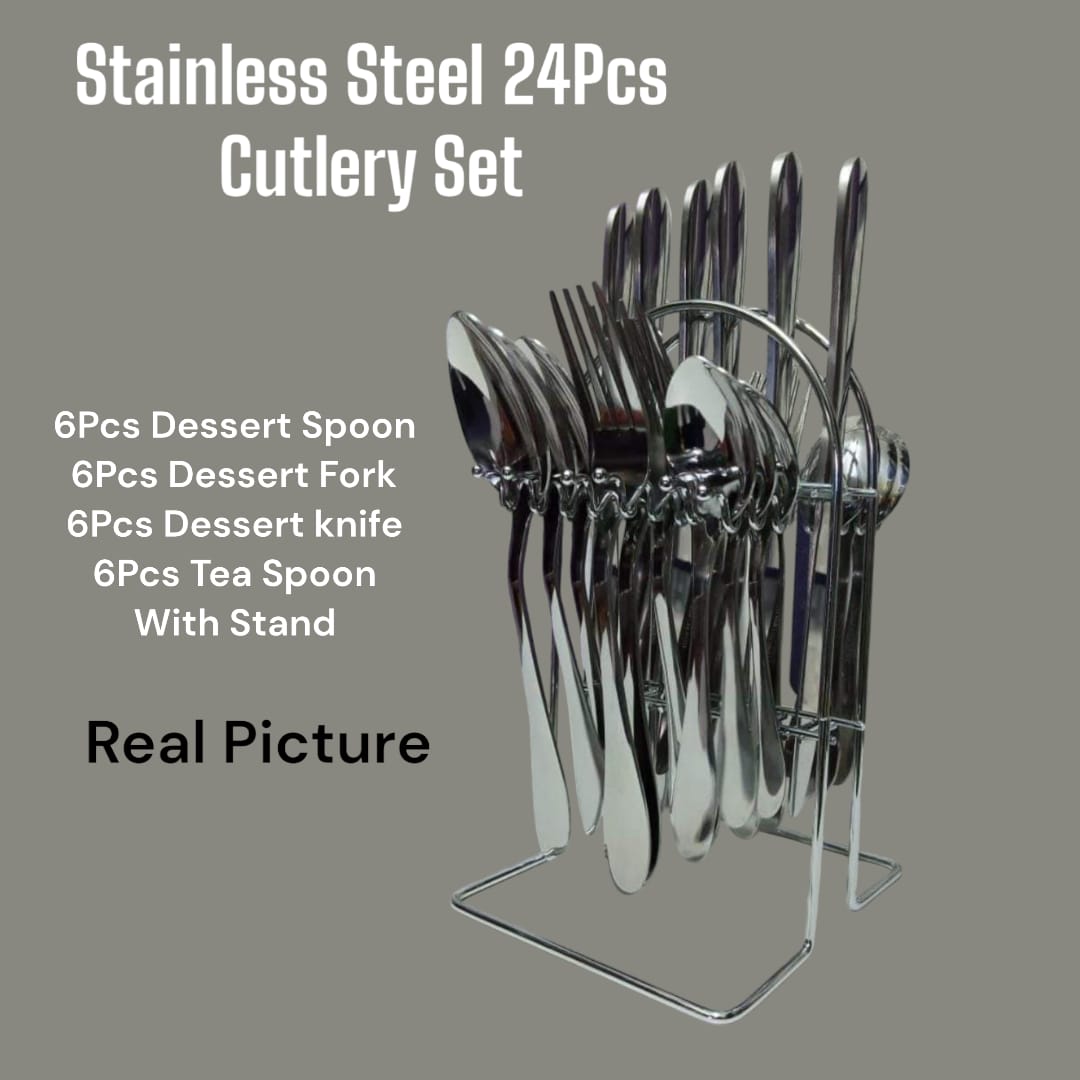 🍴 Stainless Steel Cutlery Set (24pcs) ✨ Includes stand + spoons, forks, knives & teaspoons 💯 Heavy-duty gauge 🌟 Elegant & durable for home, hotels & dining gift sets 🎁