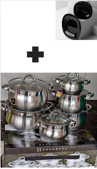 [🔥 SPECIAL LIMITED OFFER JUST FOR YOU 🤩🤩✨ !!! ] 12 Pc Brand New Very High Quality Stylish and Elegant Kitchen Edenberg stainless Cookware Set .Comes With Free Set of plates
